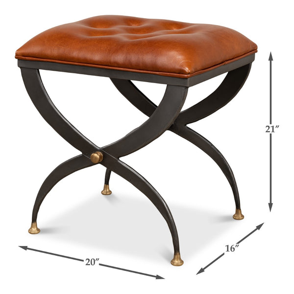 Sarreid Mathsson Stool - Stylish Pewter Gray Iron Design With Luxurious Leather And Elegant Brass Accents Brown  28379