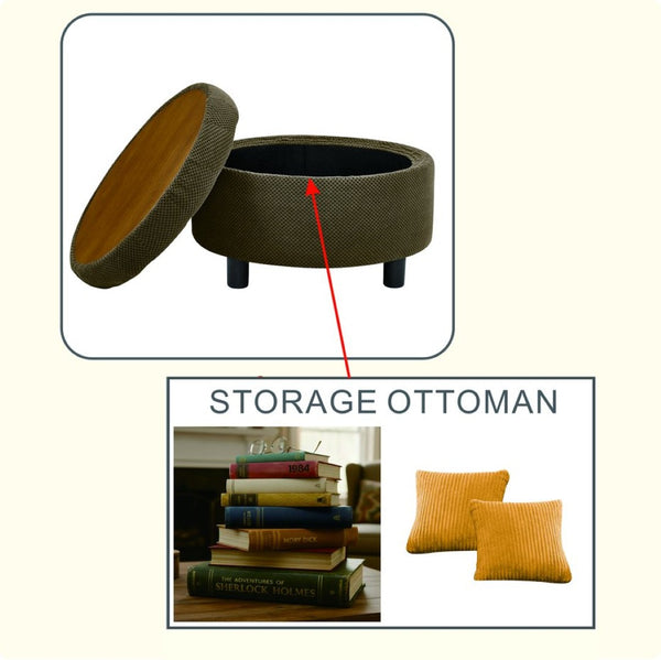 English Elm 25 Inch Round Fabric Pouf Ottoman with Removable Wooden Lid and Hidden Interior Storage Coffee W5568P461367