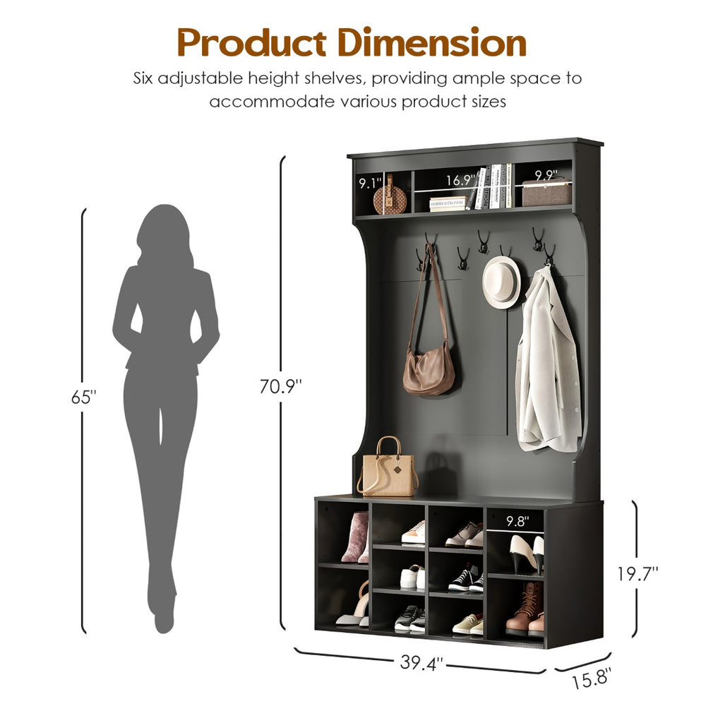 English Elm 70.9 Inch Freestanding Hall Tree with Bench Shoe Cubbies and 7 Hooks for Entryway Black T3623P434557