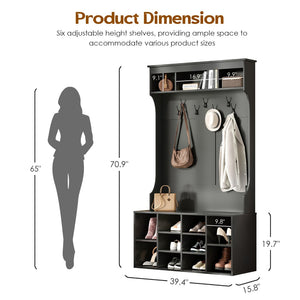 English Elm 70.9 Inch Freestanding Hall Tree with Bench Shoe Cubbies and 7 Hooks for Entryway Black T3623P434557