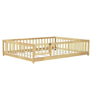 English Elm Twin Size Rubberwood Floor Bed with Safety Fence for Toddler Rooms Natural Finish W504P370533