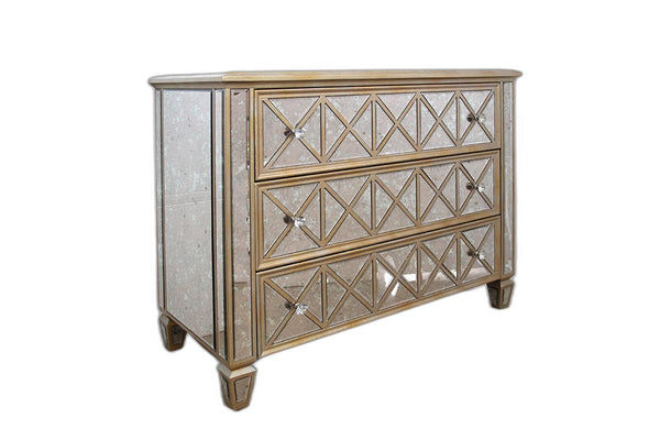 Homeroots 34" Mirrored Glass And Mdf Dresser With 3 Drawers  Glass 283912