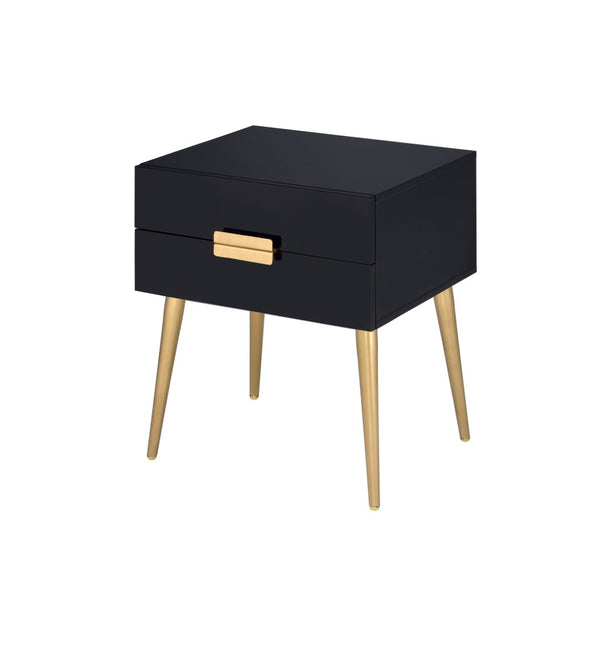 English Elm Denvor Two Drawer End Table with Gold Tapered Legs and Glossy Black Top B2726P445302