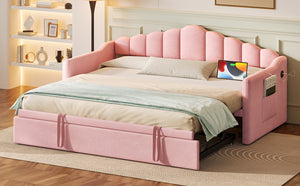 English Elm Upholstered Twin Daybed with Pop-Up Trundle, Built-In USB Type-C Charger, Side Pockets, Velvet Frame Pink 77.25 L x 17.25 W x 5.31 H N733S285118H