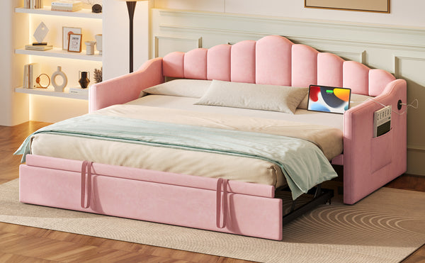 English Elm Upholstered Twin Daybed with Pop-Up Trundle, Built-In USB Type-C Charger, Side Pockets, Velvet Frame Pink 77.25 L x 17.25 W x 5.31 H N733S285118H