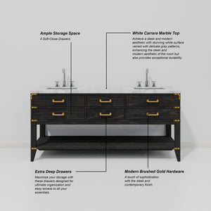 English Elm Black Oak Double Bath Vanity With Carrara Marble Top & Chrome Faucet Set - Stylish Storage Solution! B2731P261049