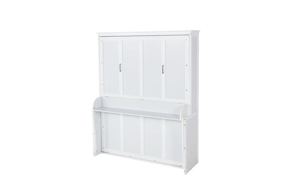 English Elm Queen Murphy Wall Bed with Integrated Desk Gas Strut Lift White Cabinet for Small Spaces White W504S00216