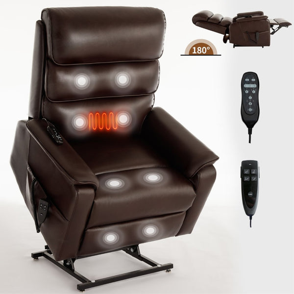 English Elm Dual Motor Power Lift Recliner with Massage Heat and 180 Degree Brown Lounge Chair Brown W1803S00063