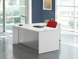 OSP Home Furnishings L-shape Corner Desk with Glass Modesty Panel for Executive and Home Office Use White NAPWHT-TYP29G