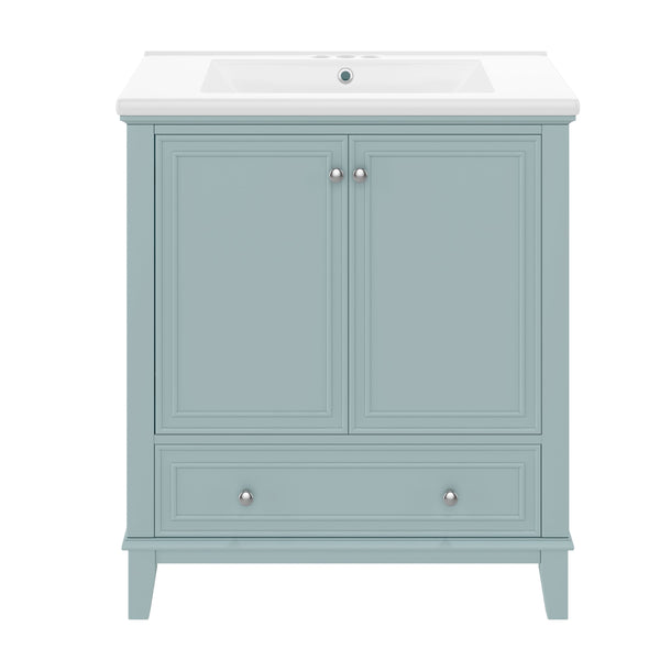 English Elm 30" Bathroom Vanity with Sink — Modern Freestanding 30" Cabinet with Ceramic Top, Drawer, Doors, Shelf Green N725P221263C