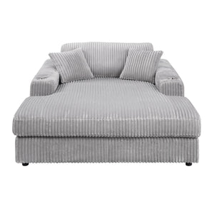 English Elm Hilde Light Gray Corduroy Chaise with 2 Pillows — Pocket Coil Seating, Removable Covers, Cup Holder B2726P345946