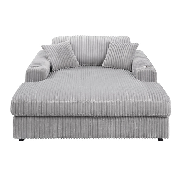 English Elm Hilde Light Gray Corduroy Chaise with 2 Pillows — Pocket Coil Seating, Removable Covers, Cup Holder B2726P345946