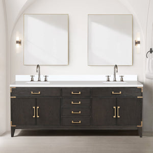 English Elm Brown Oak Double Bath Vanity With White Quartz Top & Chrome Faucet Set - Elegant Storage Solution B2731P259967