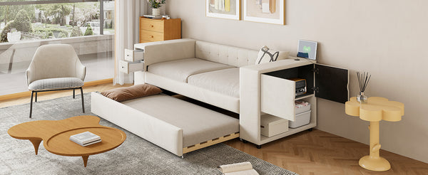 English Elm Twin Upholstered Bed with Trundle and Storage Drawers, USB Ports, French Velvet Luxurious Feel Beige SF000184AAA