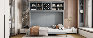 English Elm Queen Murphy Wall Bed with Storage Cabinets and Wine Rack for Small Space Living Gray LP000879AAE-1