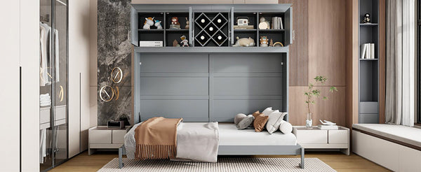 English Elm Queen Murphy Wall Bed with Storage Cabinets and Wine Rack for Small Space Living Gray LP000879AAE-1