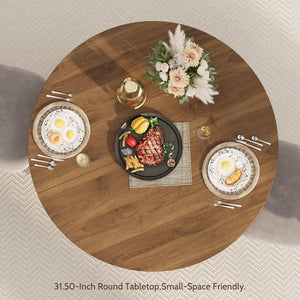 English Elm 31.5 Inch Round Farmhouse Dining Table Wave Pedestal Veneer Top Seats Two Walnut T5618P448232