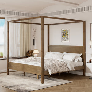 English Elm King Four Post Canopy Bed Solid Rubberwood Antique Oak Finish Farmhouse Bedroom N758K083839N