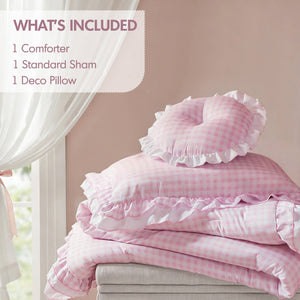 English Elm 3-piece Cottage Gingham Comforter Set with Ruffle Trim and Round Throw Pillow Pink B035P463187