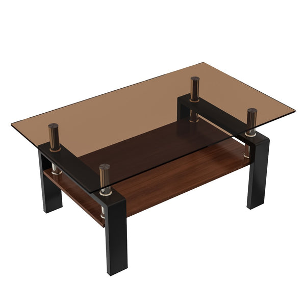 English Elm Rectangle Coffee Table - Modern Tempered Glass Top With Mdf Shelf, Stylish Living Room Centerpiece W241P181459-GIGA