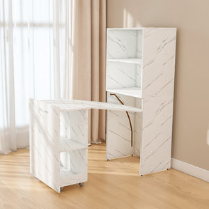 English Elm Stretchable expandable office desk with magnetic fold, lockable casters, adjustable shelves for storage and space-saving White Marble W509P355682