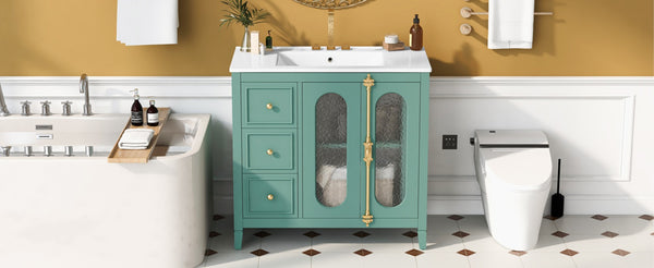 English Elm 36-inch Modern Bathroom Vanity Pine Frame Ceramic Sink 3 Drawers Glass Door Cabinet N710P223192F