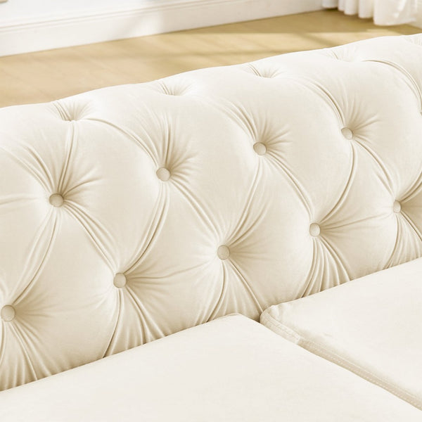 English Elm 2 Piece Velvet Chesterfield Sofa Set with Gold Steel Trim Button Tufted Living Room Couch Beige W1191S00102