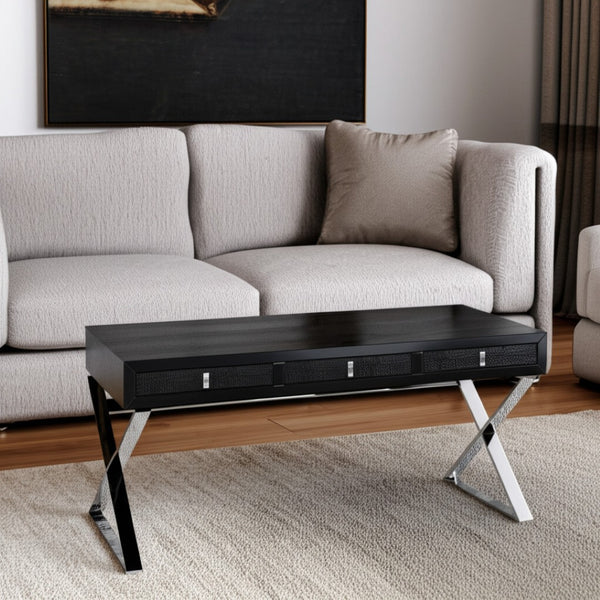 HomeRoots 57" Contemporary Wood and Stainless Steel Coffee Table with Three Drawers for Modern Living Rooms Black 284135