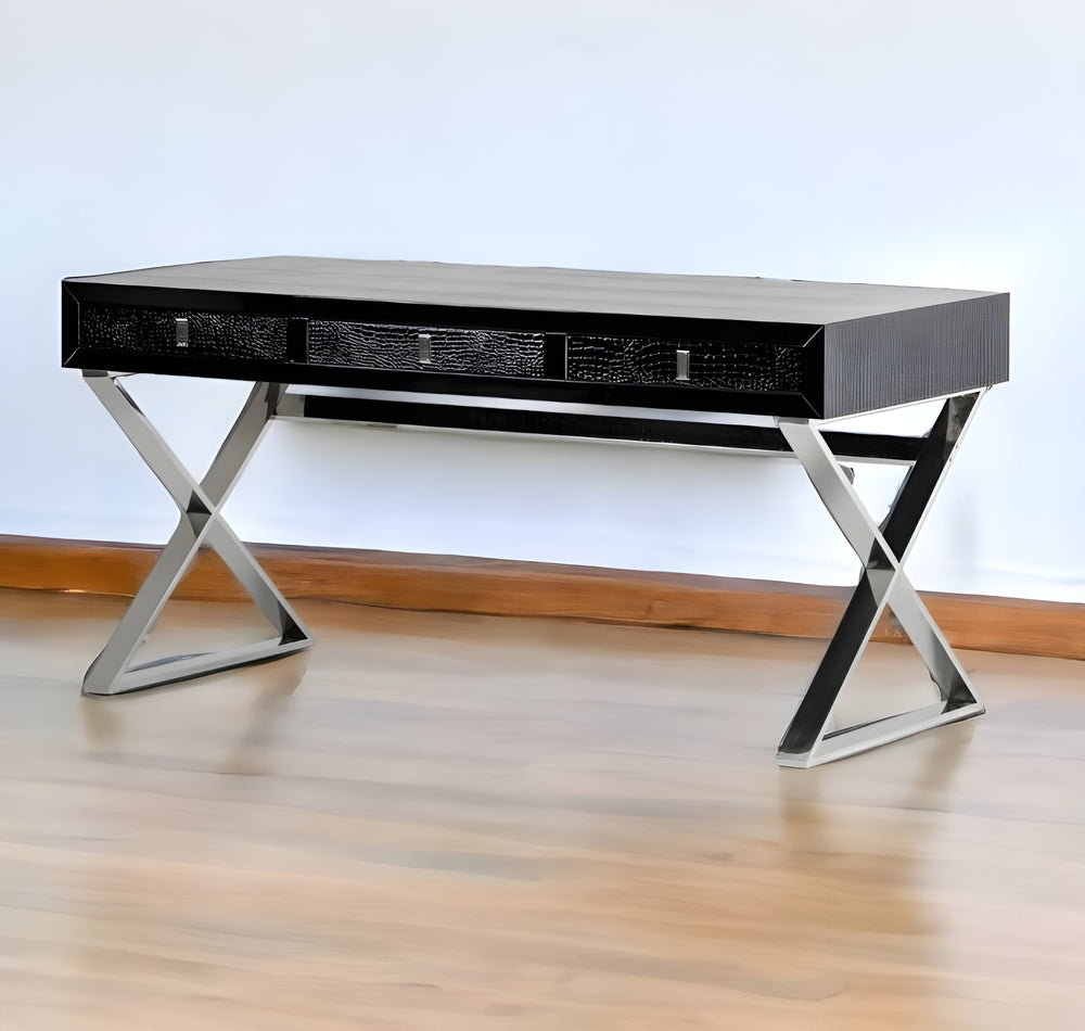 Homeroots 57" Black And Silver Wood And Stainless Steel Coffee Table With Three Drawers Black  284135
