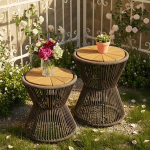 English Elm Scott Living Nara Outdoor Acacia Wood Side Tables with Woven Rope Iron Frame Set Dark Grey,Teak N770PS2354692D