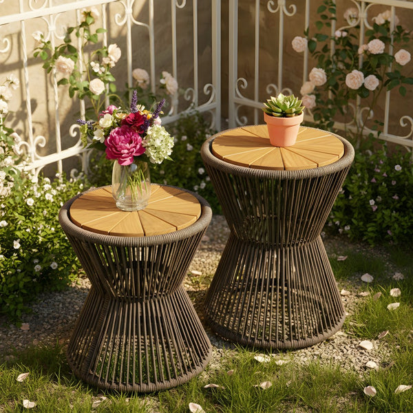 English Elm Scott Living Nara Outdoor Acacia Wood Side Tables with Woven Rope Iron Frame Set Dark Grey,Teak N770PS2354692D