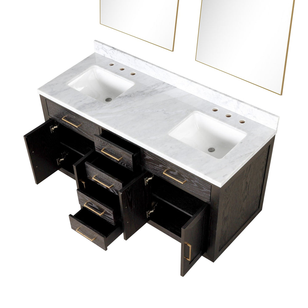 English Elm Brown Oak Double Bath Vanity Set With Carrara Marble Top & Mirrors – Elegant 60" Design For Luxury B2731S01531