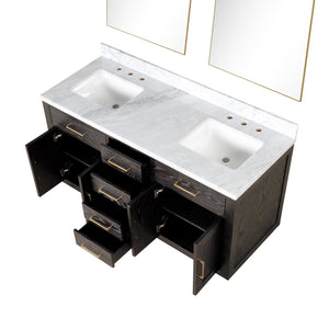 English Elm Brown Oak Double Bath Vanity Set With Carrara Marble Top & Mirrors – Elegant 60" Design For Luxury B2731S01531