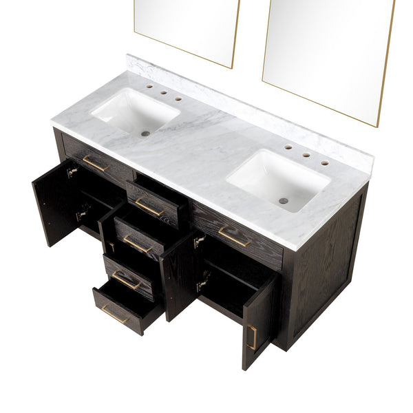 English Elm Brown Oak Double Bath Vanity Set With Carrara Marble Top & Mirrors – Elegant 60" Design For Luxury B2731S01531