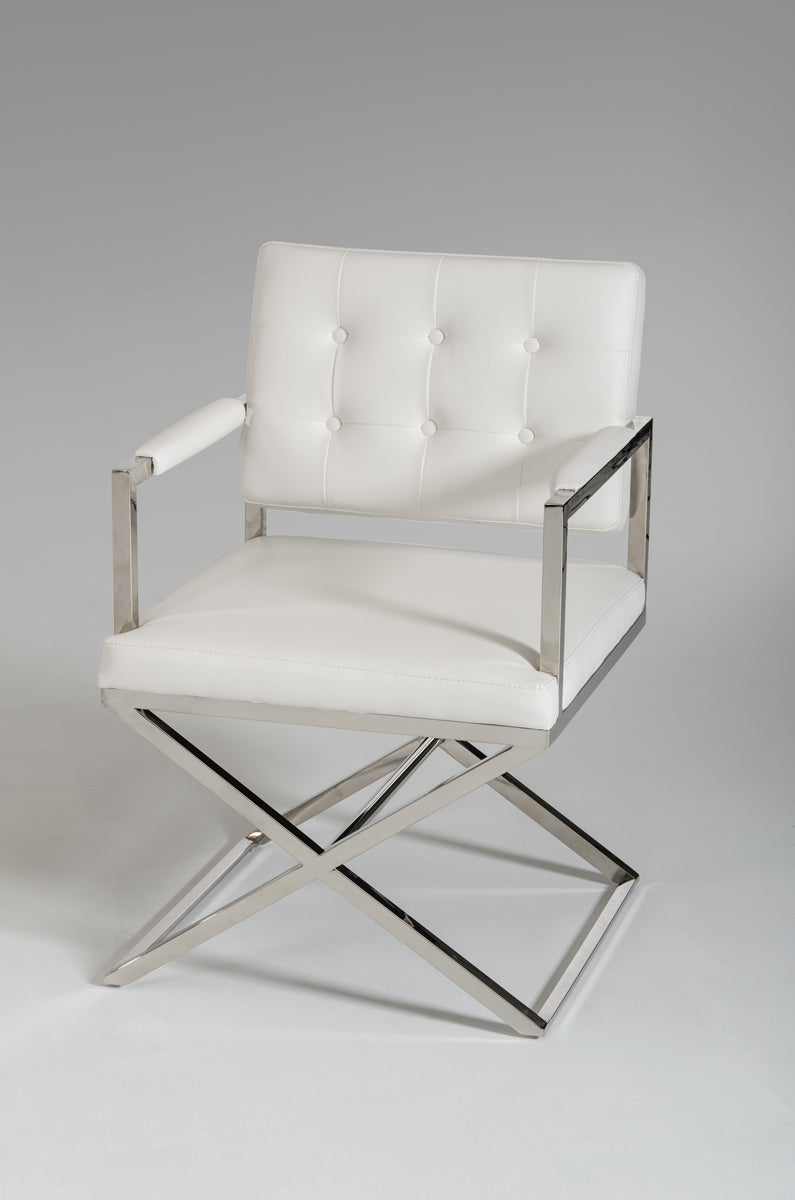 Homeroots Tufted White And Silver Upholstered Faux Leather Dining Arm Chair White Metal 284256