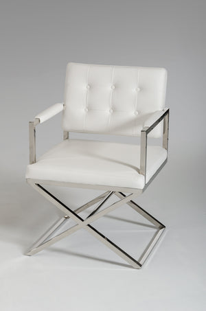 Homeroots Tufted White And Silver Upholstered Faux Leather Dining Arm Chair White Metal 284256