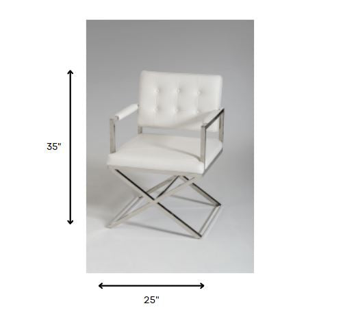 Homeroots Tufted White And Silver Upholstered Faux Leather Dining Arm Chair White Metal 284256