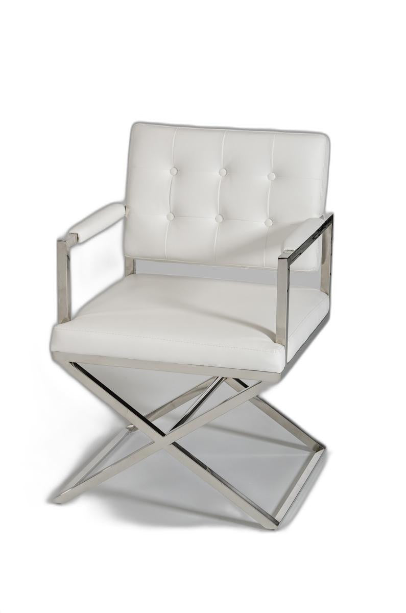 Homeroots Tufted White And Silver Upholstered Faux Leather Dining Arm Chair White Metal 284256