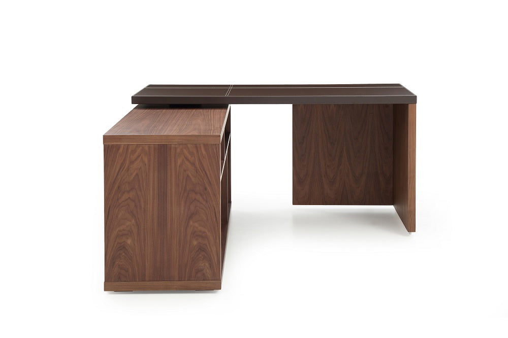 Homeroots 29" Walnut And Brown Veneer L Shaped Desk With A Leather Top   284264