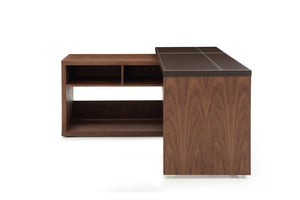 Homeroots 29" Walnut And Brown Veneer L Shaped Desk With A Leather Top   284264