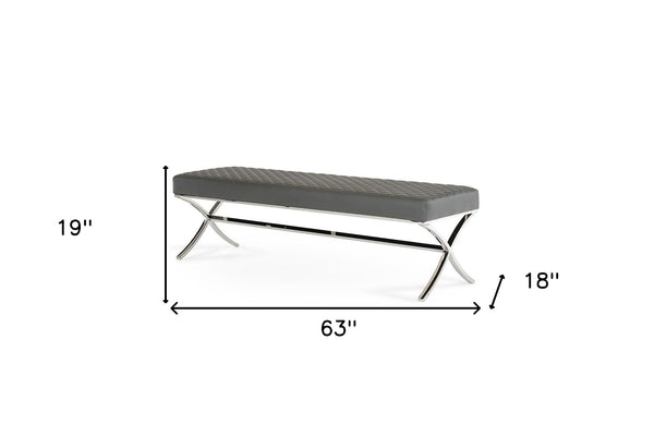 Homeroots 63" Gray And Silver Upholstered Faux Leather Bench  Metal 284268