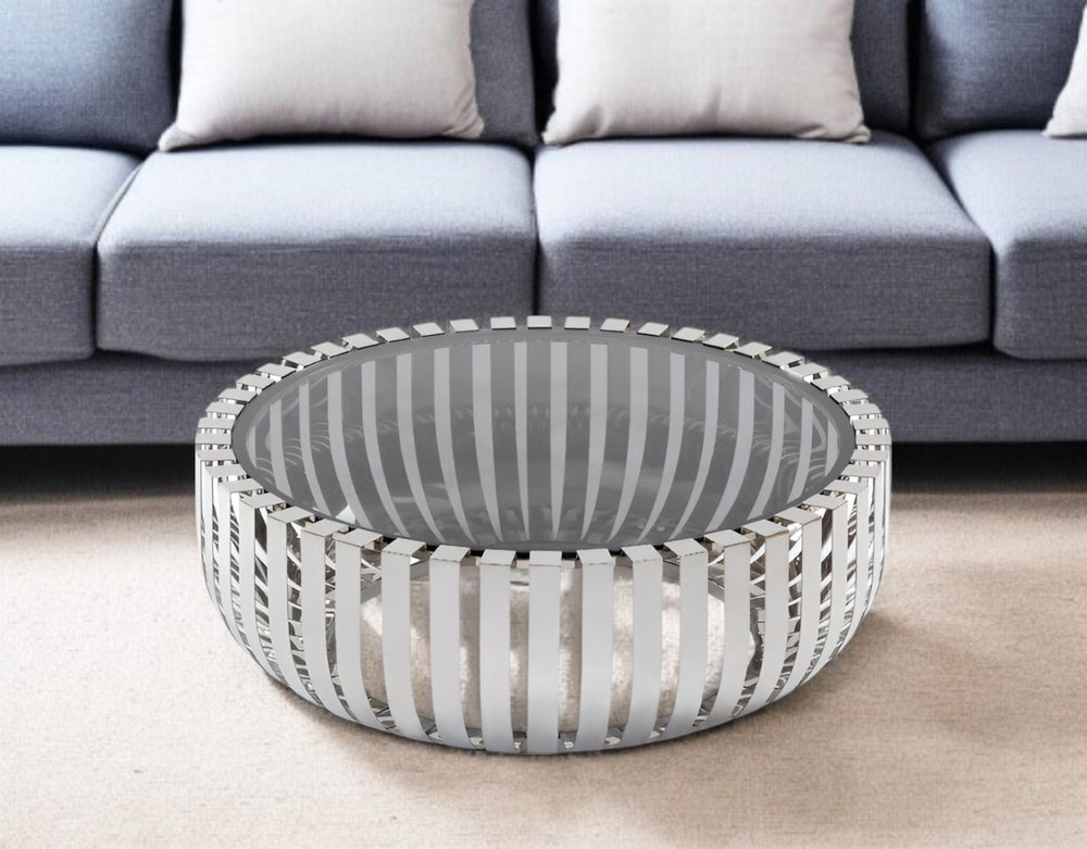 HomeRoots 39" Clear Glass and Silver Stainless Steel Round Coffee Table - Modern Design for Any Living Space 284286