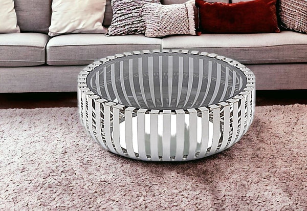 Homeroots 39" Clear And Silver Glass And Stainless Steel Round Coffee Table   284286