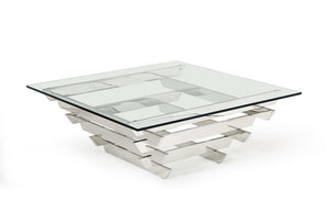 Homeroots 39" Clear And Silver Glass And Stainless Steel Square Coffee Table With Shelf   284303