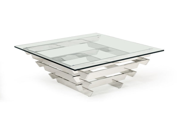 Homeroots 39" Clear And Silver Glass And Stainless Steel Square Coffee Table With Shelf   284303