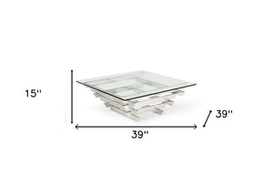 Homeroots 39" Clear And Silver Glass And Stainless Steel Square Coffee Table With Shelf   284303