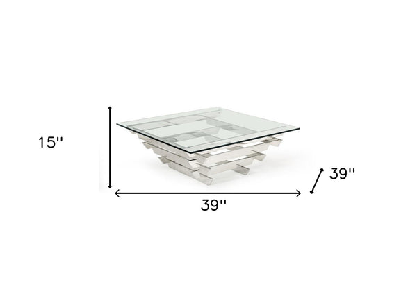 Homeroots 39" Clear And Silver Glass And Stainless Steel Square Coffee Table With Shelf   284303
