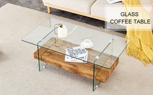 English Elm 40.3-inch Retro Double-Layer Coffee Table with Tempered Glass Shelves, Wood-Grain Finish, 250lb Capacity W1512P317685
