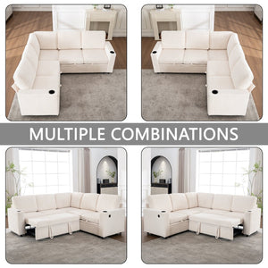 English Elm Sectional Corduroy Sleeper Sofa with Storage and Charging Ports for Small Spaces White W1361S00075