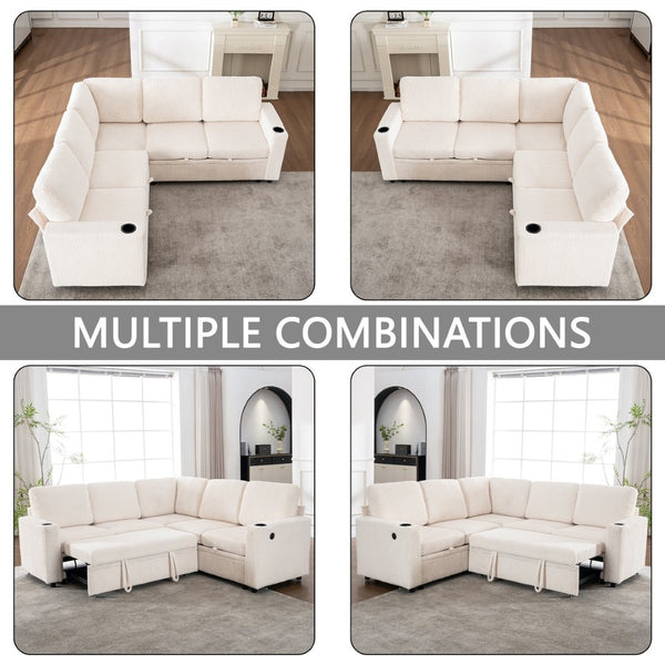 English Elm Sectional Corduroy Sleeper Sofa with Storage and Charging Ports for Small Spaces White W1361S00075